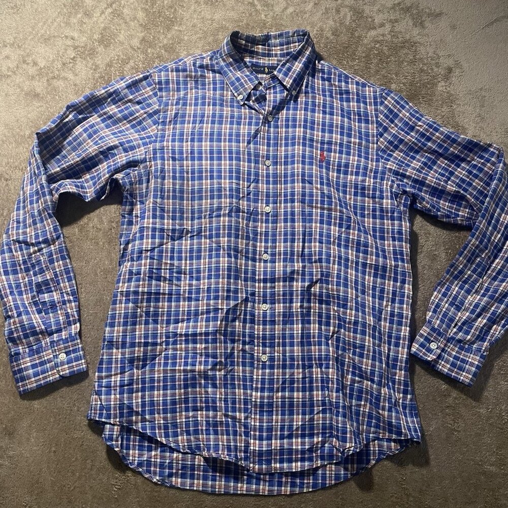 Ralph Lauren Shirt Men Medium Button Down Blue Plaid Red Pint Long Sleeve Casual